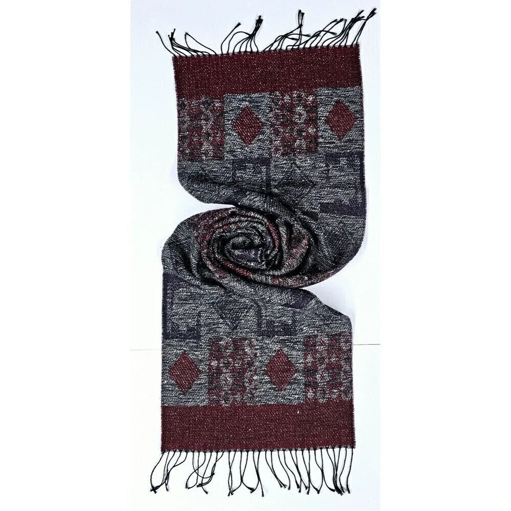 WOOL Rectangular Gray Blue Red Geometrical Scarf